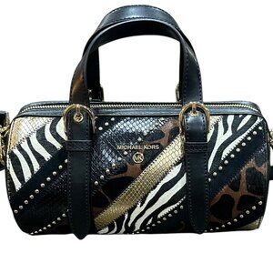 Michael Kors Stanton Patchwork Leather‎ Studded Med Barrel Bag Cross Body Animal